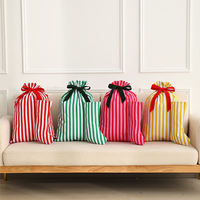 Sac en toile imperméable écologique brodé à rayures avec nœud en ruban, grand sac cadeau de Noël pour décorations et cadeaux