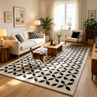 Tapis marocain jacquard PP noir et blanc à motif quadrifoliaire pour salon, tapis de sol moderne à motif géométrique treillis, lavable