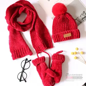 3 pezzi Set lavorato a maglia inverno caldo cappelli sciarpa bambino bambini ciniglia sciarpe cappello Set ragazze sciarpa cappello guanti Set