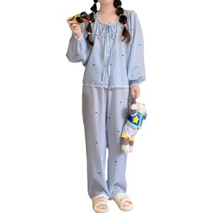 Pijamas de Algodón Transpirable para Mujer, Estilo Coreano, Rayas Simples, Lazo con Encaje, Logotipo Frontal, Ropa de Dormir Informal y Holgada - Product Image 5