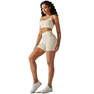 2023 Mulheres Yoga 2 Piece Cross Back roupas de treino Seamless High Waisted Scrunch Butt Shorts Sports Bra Set ginásio fitness sets