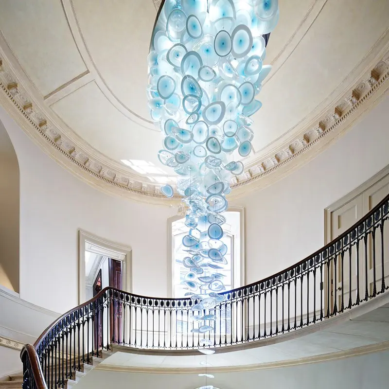 כחול מוראנו נברשת מודרני בועה מנופחת מנורת זכוכית תליון אור מודרני פשוט עיצוב Led מדרגות תקרת אור