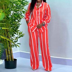 Женский комплект из двух предметов: полосатая рубашка с длинным рукавом и брюки, повседневный стиль - Product Image 3