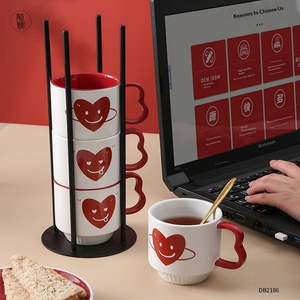 Customized Porcelain Stacked Cup <b>Set</b> High-End Red Mug Couple's Classic Light Luxury High Temperature Resistant <b>Microwave</b> Safe - Product Image 4