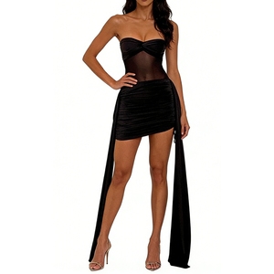Vestido Mini Fruncido Sin Mangas para Mujer - Vestido de Malla con Corsé y Cola Lateral Drapeada, Ropa de Mujer, Moda - Product Image 3