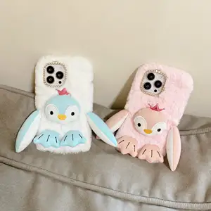 3D Penguin Women Girl Diamond Shining Furry Plush Phone Case Fluffy Fur Hair Warm Protective Cover for iPhone 11 12 13 Pro Max