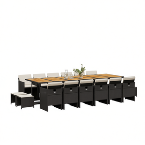 Conjunto de Comedor de Jardín de Ratán Negro con Cojines Color Crema, Mesa de Teca para 10 Personas, Muebles de Exterior de Diseño Contemporáneo - Product Image 1