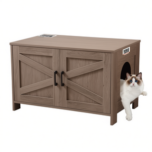Enclos en bois pour litière de chat, design porte de grange dissimulée, rectangulaire, 100L, accessoire pour toilettes de chat - Product Image 1