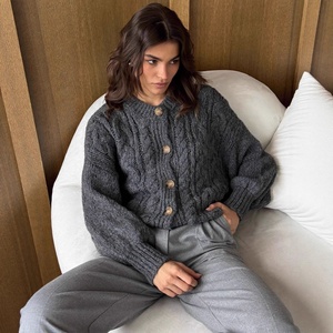 Cardigan en maille torsadée épaisse vintage pour femme, nouvelle collection automne-hiver, avec doublure en <span class=keywords><strong>mohair</strong></span> et laine, col simple boutonnage - Product Image 2