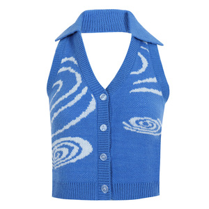 Summer women's new street fashion irregular pattern contrasting color hanging neck deep V-neck sexy <b>backless</b> cardigan tank <b>top</b> - Product Image 5