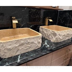 Évier de cuisine en pierre naturelle <span class=keywords><strong>Aquarius</strong></span>, design à cuve unique, couleur crème, évier rectangulaire en pierre, vente en gros - Product Image 1