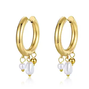 Women's 18K Gold Plated Stainless Steel Huggie Earrings Small Gold Pearl Drop Hoop Hypoallergenic Jewelry Teen Girls Fashionable
