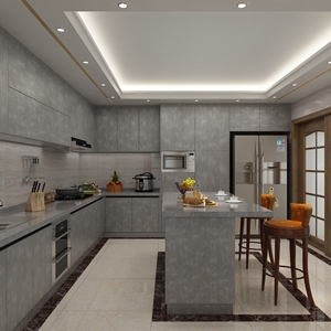 Armoire de cuisine moderne multifonctionnelle en gris clair de luxe, taille personnalisée, contreplaqué, imperméable, écologique - Product Image 1