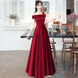 Off The Shoulder Burgundy Satin Evening Dress Natural Waist Long A Line Formal Wedding Party Dress - Product Image 1