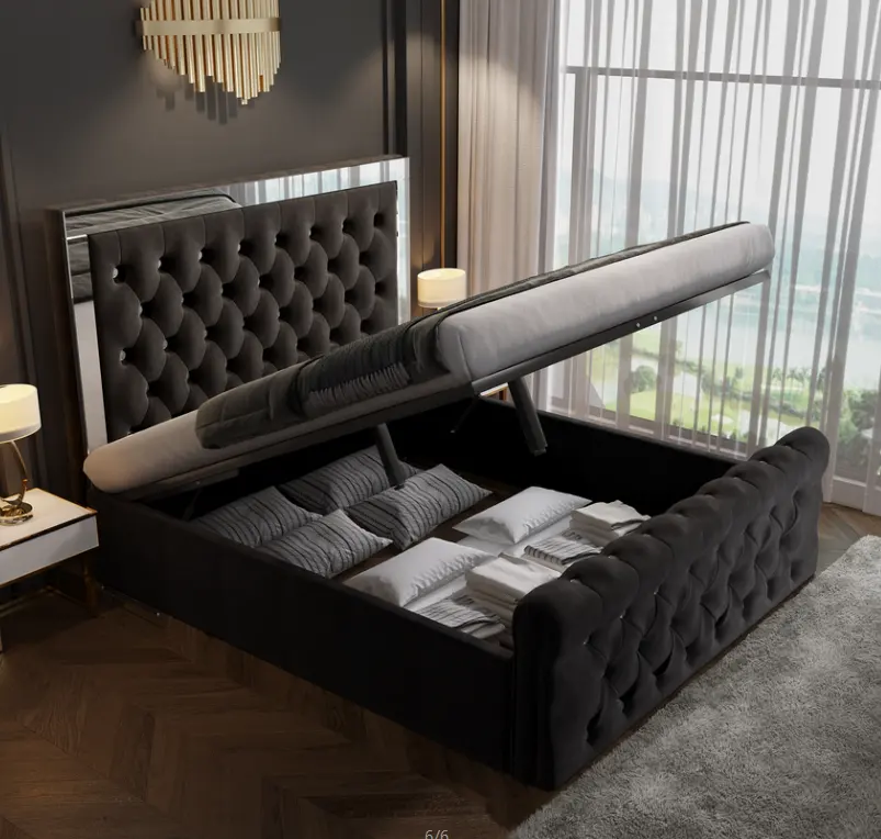 Tête de lit avec miroir cristal luxe double reine roi ottoman ascenseur à gaz velours tissu rembourré meubles de chambre à coucher