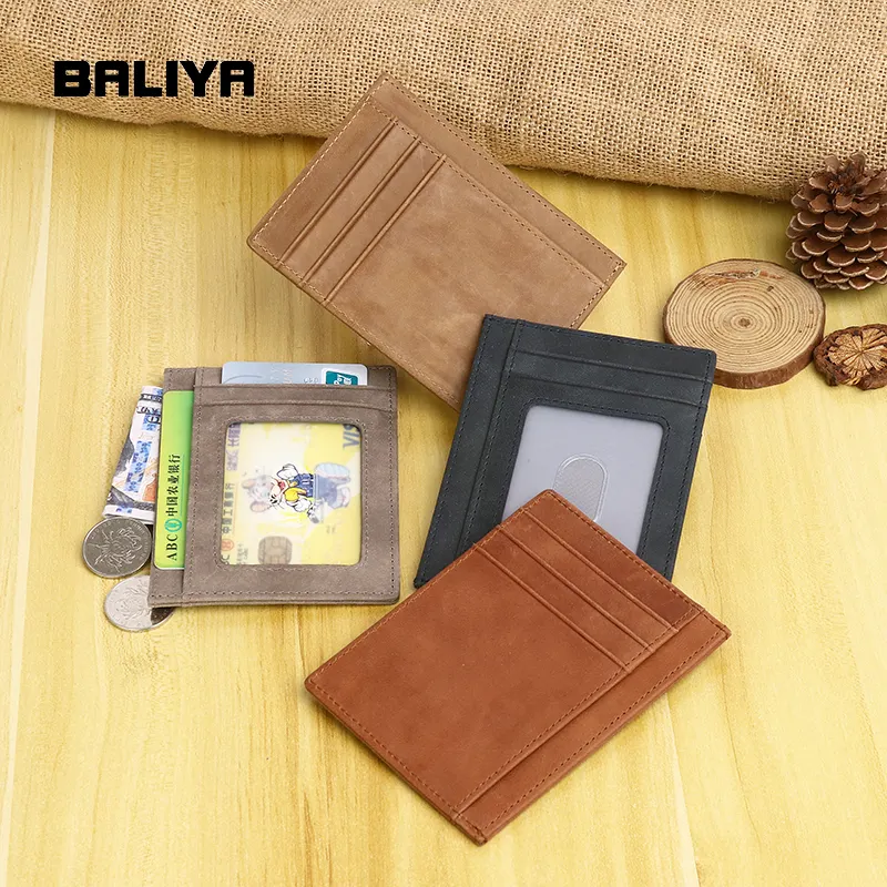 BALIYA RFID ม้าบ้ากรณีบัตรกระเป๋าสตางค์ผู้ชายบางเฉียบวัวจริงที่เรียบง่ายมากผู้ถือบัตรกระเป๋าเงินเหรียญ