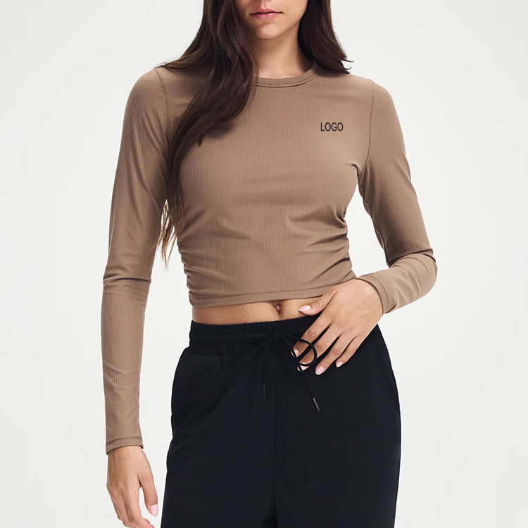 Four Way Stretch Sweat Wicking Nylon Spandex Buttery Soft Ribbed Round Neck Cropped Ruched Long Sleeve Yoga Shirts Fitness Wear