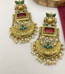 Antique Gold Tone <b>Chandelier</b> Earrings with Mint Red and <b>Green</b> Stones Pearl Accents Handmade Bulk Product - Product Image 1