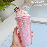 Tasse créative en verre à double couche en plastique pour fille et fille, tasse à cadeau exquise, tasse à crème glacée en plastique de 450ml avec paille