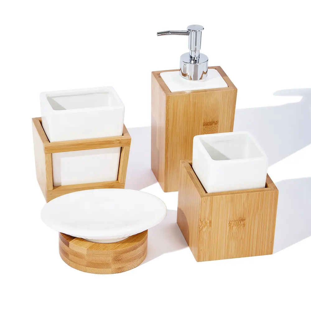 대나무 세라믹 욕실 액세서리 세트 4 조각 비누 펌프 디스펜서, 칫솔 홀더, 텀블러 및 비누 접시