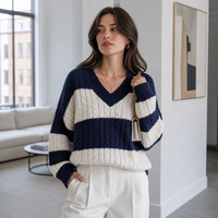 Suéter de punto trenzado con cuello en V para mujer, personalizado, oversize, con bloques de color, rayas anchas en contraste, manga larga, OEM, venta al por mayor, pedido a granel
