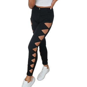 Personalizado de alta cintura Sexy agujero lateral Lápiz <span class=keywords><strong>Pantalones</strong></span> de mezclilla Mujeres Skinny Ripped Jeans Mujeres de alta calidad Broken Hole Jeans - Product Image 1