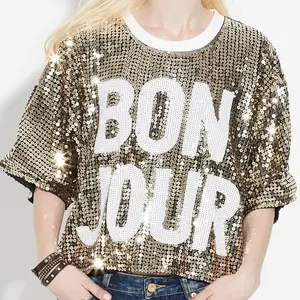 WINGTU OEM Private Label Loose Rhinestone Tops Shirt Cropped Party Time Letter Embroidery Sequin T Shirts For Women