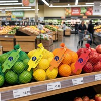 Étiquette de sac en filet en PP imperméable et résistante aux déchirures avec logo personnalisé, appliquée à la machine, pour agrumes (citron, lime, orange)