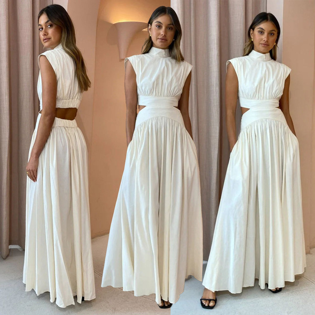 Customized Stand Collar Pleated Loose Maxi Dress With Pockets Hollow Out Waist Sleeveless A-line Skirt Swing Long Dress