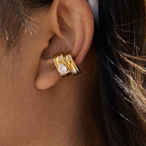 <b>Clip</b>-on Earrings 18K Gold Stainless Steel Teardrop Zircon Everyday Wear - Product Image 3