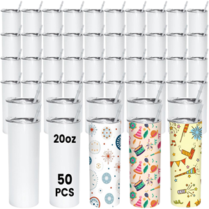 Lot de 50 gobelets isothermes fins et droits en acier inoxydable de 20 oz, blancs, vierges pour sublimation, tasses cadeaux, anti-fuite, sans BPA, en plastique - Product Image 1