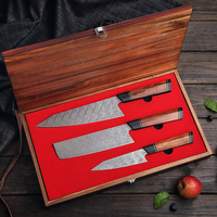 Couteaux de cuisine en acier damas de style japonais, manche en bois de fer du désert, ensemble de couteaux de chef 3 pièces avec boîte cadeau en bois
