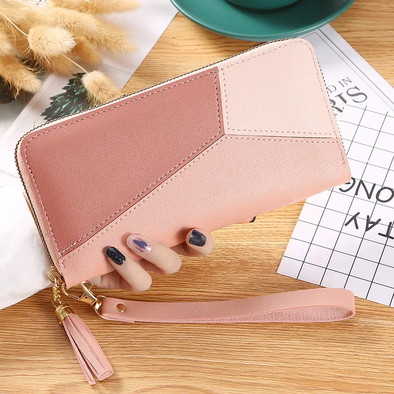 Dompet Wanita Geometris dengan Ritsleting Pink Dompet Saku Pemegang Kartu Patchwork Wanita Dompet Panjang Wanita Rumbai Dompet Koin Pendek