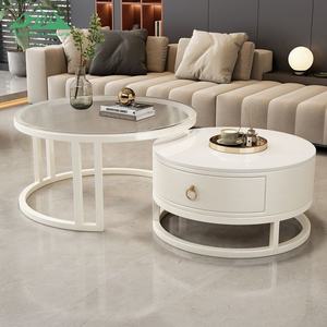 طاولات قهوة معدنية دائرية حديثة من وايون، مجموعة من قطعتين بسطح رخامي أبيض وحواف ذهبية لغرفة المعيشة - Product Image 4