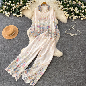 Conjunto de 2 piezas vintage de otoño para mujer, top con cuello polo y mangas abullonadas y traje estampado, venta al por mayor - Product Image 4