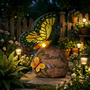 Statue de papillon en résine peinte à la main, motif papillon, pierre solaire, texture douce, pour jardin extérieur, veilleuse artistique, modèle décoratif - Product Image 1