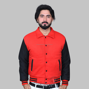 Vestes universitaires OEM en molleton de coton rouge corail personnalisables pour hommes Vente en gros de manches brodées de letterman décontractées - Product Image 1