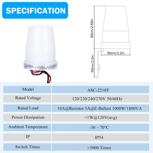 Interruptor de Luz Térmico con Fotocélula CNRIYA <span class=keywords><strong>ASC</strong></span>-2210T, 10A, Encendido/Apagado Automático, Sensor CDS de 12 mm, 1000W, IP54/IP44, 120V, Retardo de 30-120s, Resistente a los Rayos UV - Product Image 3