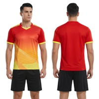 Seragam Voli Pria Merah Kuning Set V-Neck Lengan Pendek Bahan Polyester Penyerap Keringat Cocok untuk Semua Musim