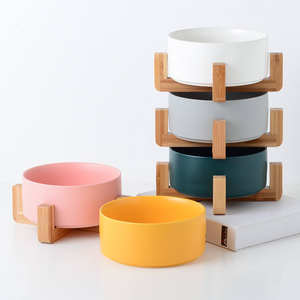 Grosir kustom pabrik aneka warna keramik bingkai kayu hewan peliharaan kucing dan anjing mangkuk - Product Image 5