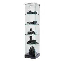 Anime Figure Cabinet w Flügeltür 4 Regale mit fester Höhe Rahmenloser schwarzer Showroom tragbare Messe vitrine