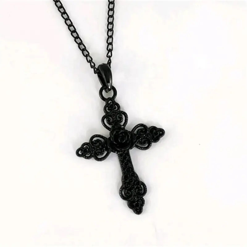 Black Gothic Cross Necklace with Rose Detail Trad Goth Necklace Black Gothic Jewelry Ornate Cross Pendant Gothic Gift