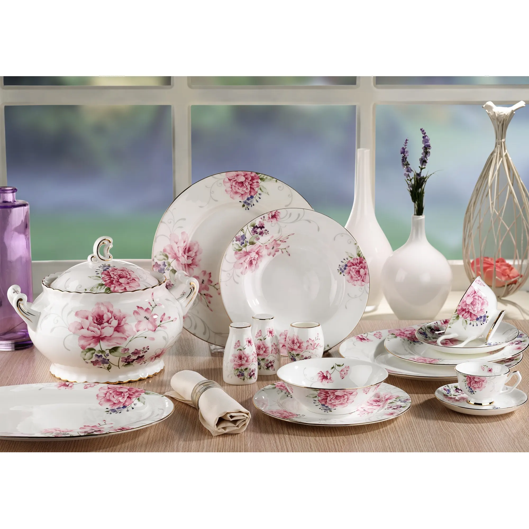 ชุดจานชามลายดอกไม้สีชมพูสไตล์ตุรกี,ชุดเครื่องใช้บนโต๊ะอาหารชุดรับประทานอาหารทรงสี่เหลี่ยมทรงกลมสไตล์จีนโบน