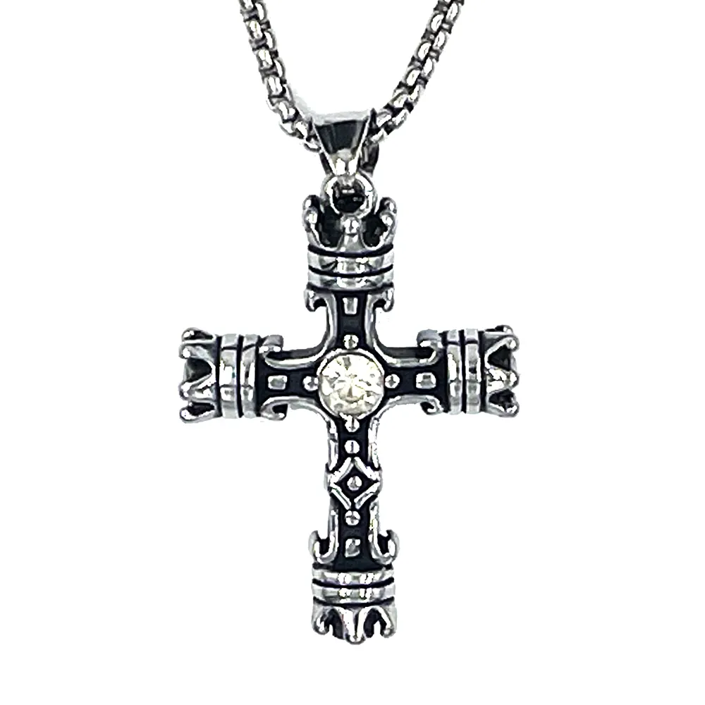 MD Retro Gothic cross with crown Men Women Fashion Jewelry white Black Crystal christian cross stainless steel stone pendants