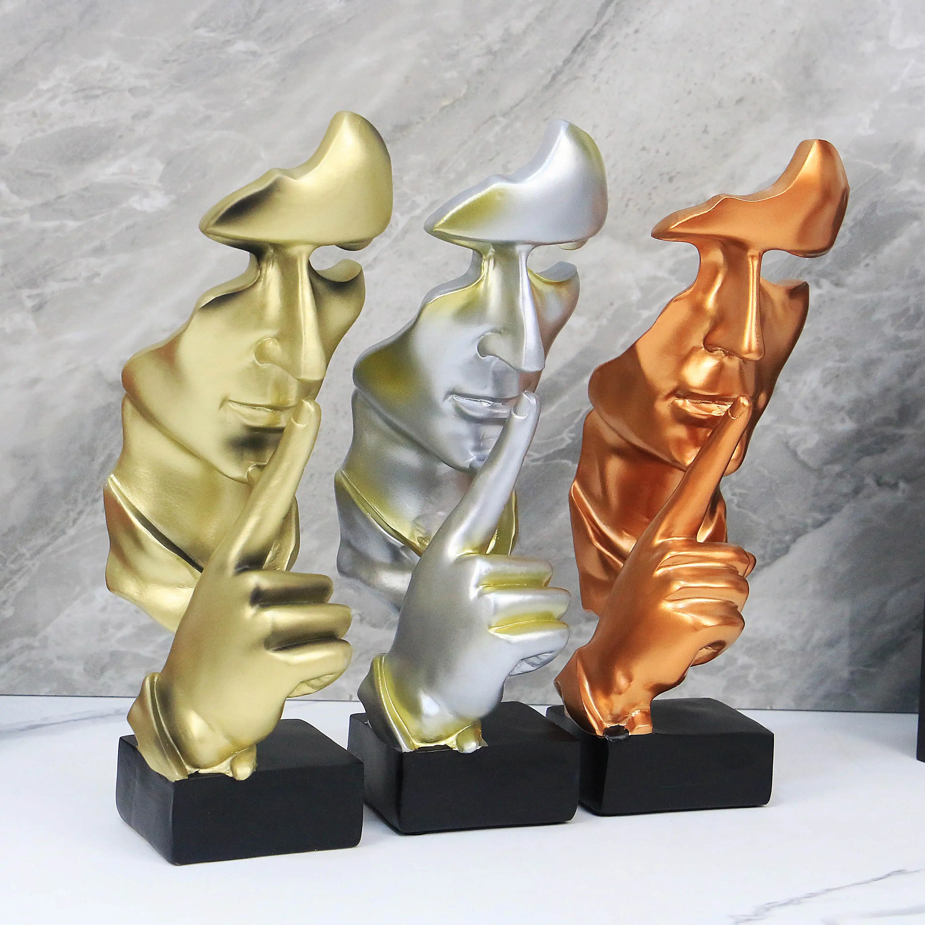 Estatua de resina silenciosa para hombre, escultura facial, arte abstracto moderno, estatua tallada dorada