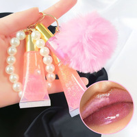 Porte-clés élégant 3-en-1 personnalisé avec pendentif boule de fourrure, brillant à lèvres végétalien hydratant longue durée aux minéraux, chaîne de perles mignonne, liquide brillant