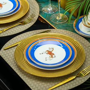 60 Pcs European Luxury Orange Plate Bowl Dinner <strong>Ware</strong> Gold Rim <strong>Ceramic</strong> Fine Bone <strong>China</strong> Dinnerware Set Horse