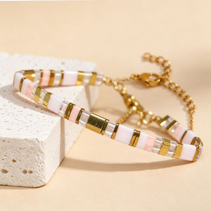 Wholesale Children's Handmade Bohemian Geometric <b>Beaded</b> <b>Bracelet</b> Fashion Pink <b>Gold</b> Tila Bead Adjustable Party Jewelry Gift - Product Image 1