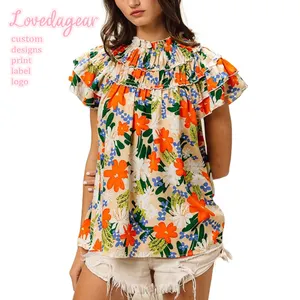 Loveda Custom Multi Color Floral Print Woven Blouse Tiered Ruffles Stand Collar Cap Sleeve Top For Summer