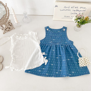 2025 Mùa Hè Mới Phong Cách Bé Gái Dresses Dot Hoa Đầy Đủ In Denim Váy Ren Ngọt Ngào Bow Vest Dây Đeo Ăn Mặc Cho Trẻ Em Nhỏ - Product Image 2